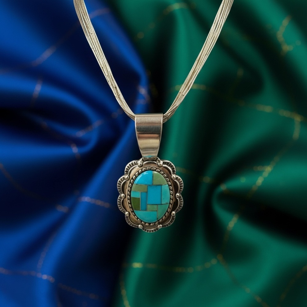 Silver Mosaic  Shades of Turquoise Necklace​ - Picture 5 of 7